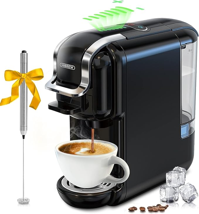 ماكينة تحضير قهوة اسبريسو 5 في 1 من هيبرو للكبسولات، دي جي */نيس* الاصلي/القهوة المطحونة/كيه كوب*/اي اس اي، وضع بارد/ساخن، 600 مل، 19 بار (اسود، 5 في 1)
